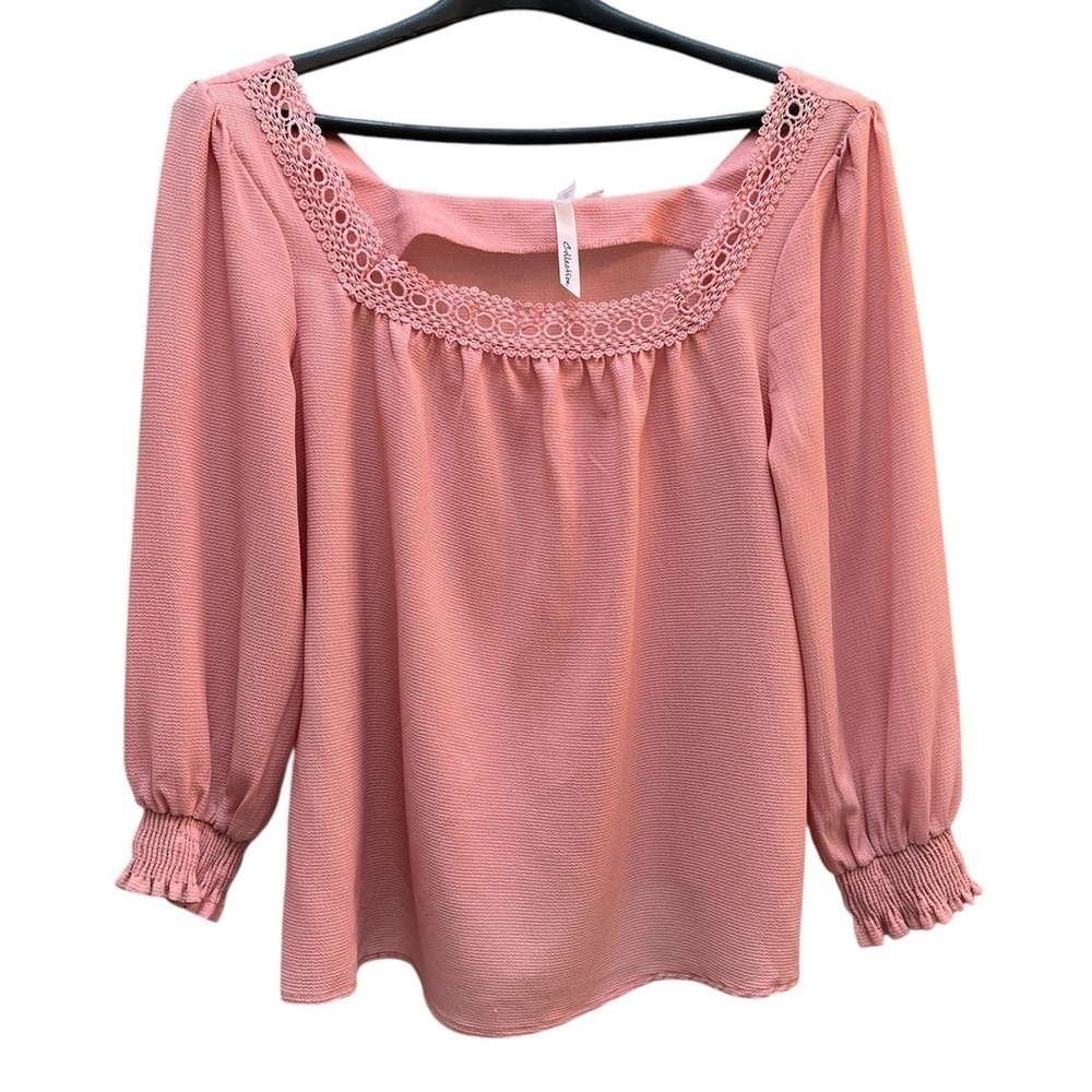 Pink Square Neck Blouse Lace Trim 3/4 length sleeves Pink Rose Women size XL
